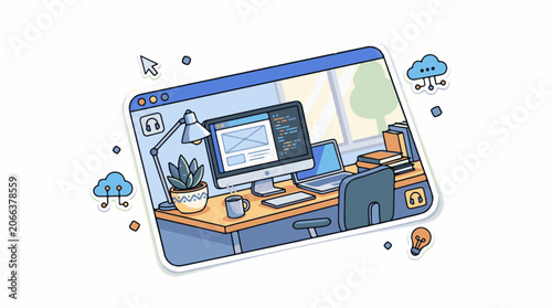 A computer workspace with a monitor, laptop, and office supplies on a wooden desk
