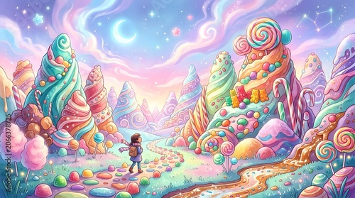 Whimsical candy land illustration with backpacking girl and pastel dreamscape