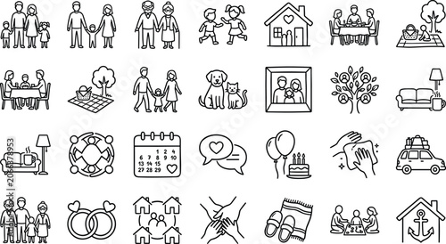 Cuadro en lienzo Family Dynamics and Domestic Living Icon Set Featuring Multigenerational Familie