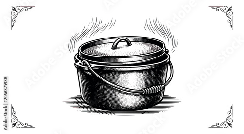 Foto Vintage cast iron dutch oven vector illustration, rustic camping pot with steam,