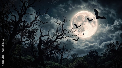 Halloween night spooky bats flying under a full moon on a dark autumn night