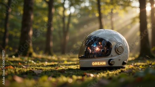 Astronaut Helmet In Enchanted Forest Reflecting Galaxy Dreams And Cosmic Imagination