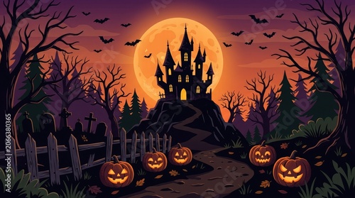 Spooky halloween castle scene with jack o' lanterns and bats