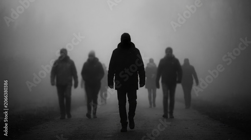 Eerie halloween fog silhouetted figures walking on a misty road