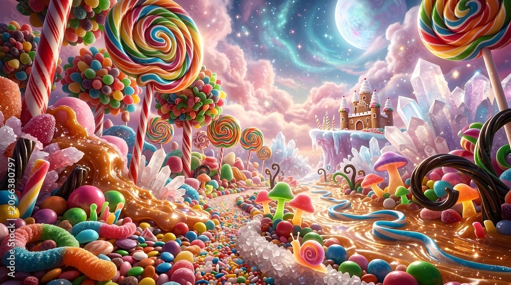 Naklejka premium Whimsical candy land fantasy a vibrant lollipop forest and gummy bear path