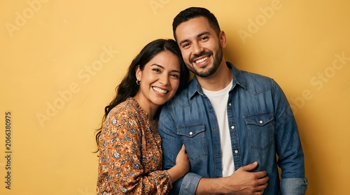 Happy young adult Hispanic couple smiling brightly and embracing each other in a warm studio portrait against a vibrant yellow background, showcasing genuine affection and joy.