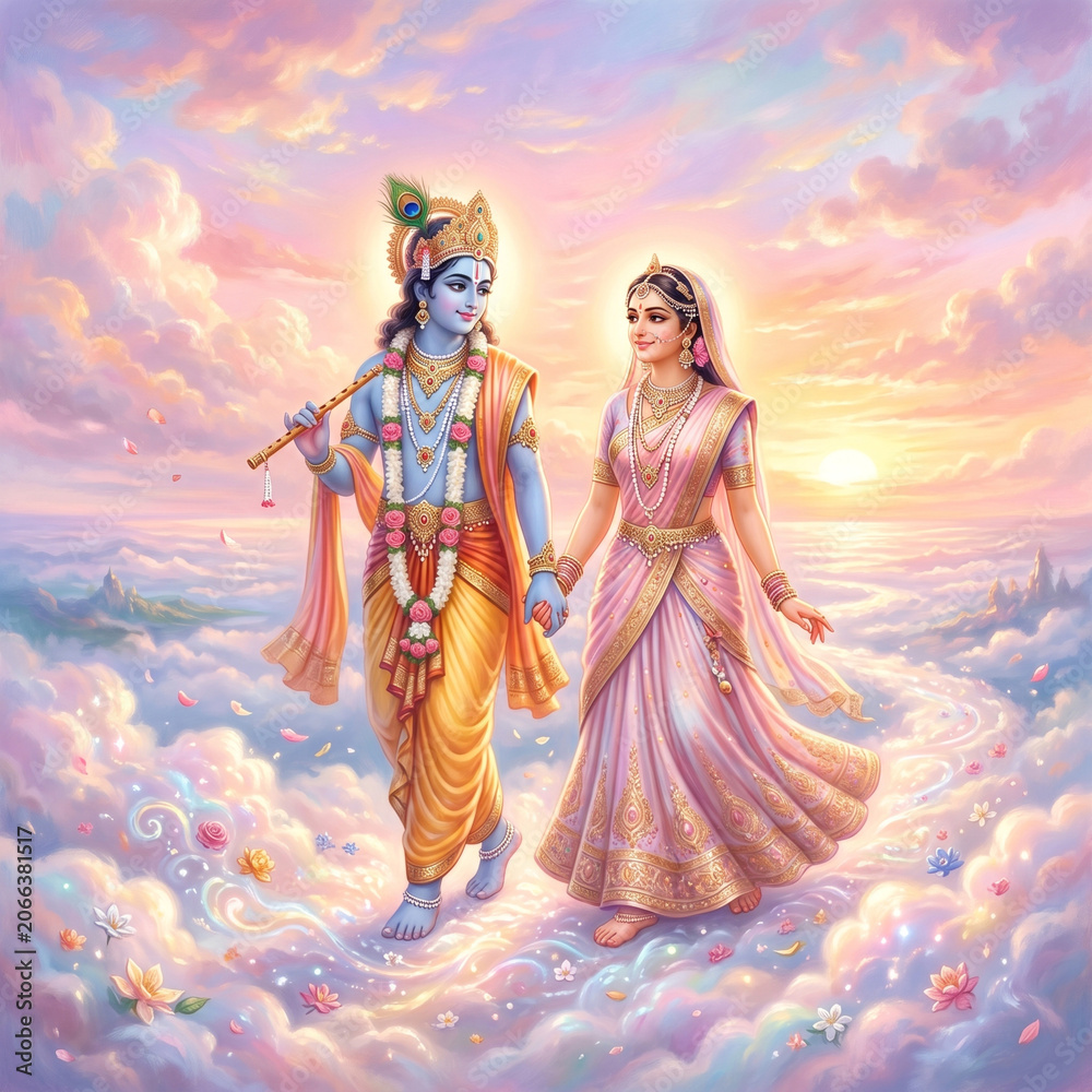 Fototapeta premium Heavenly Radha Krishna Walking on Cloud Pathway at Sunset