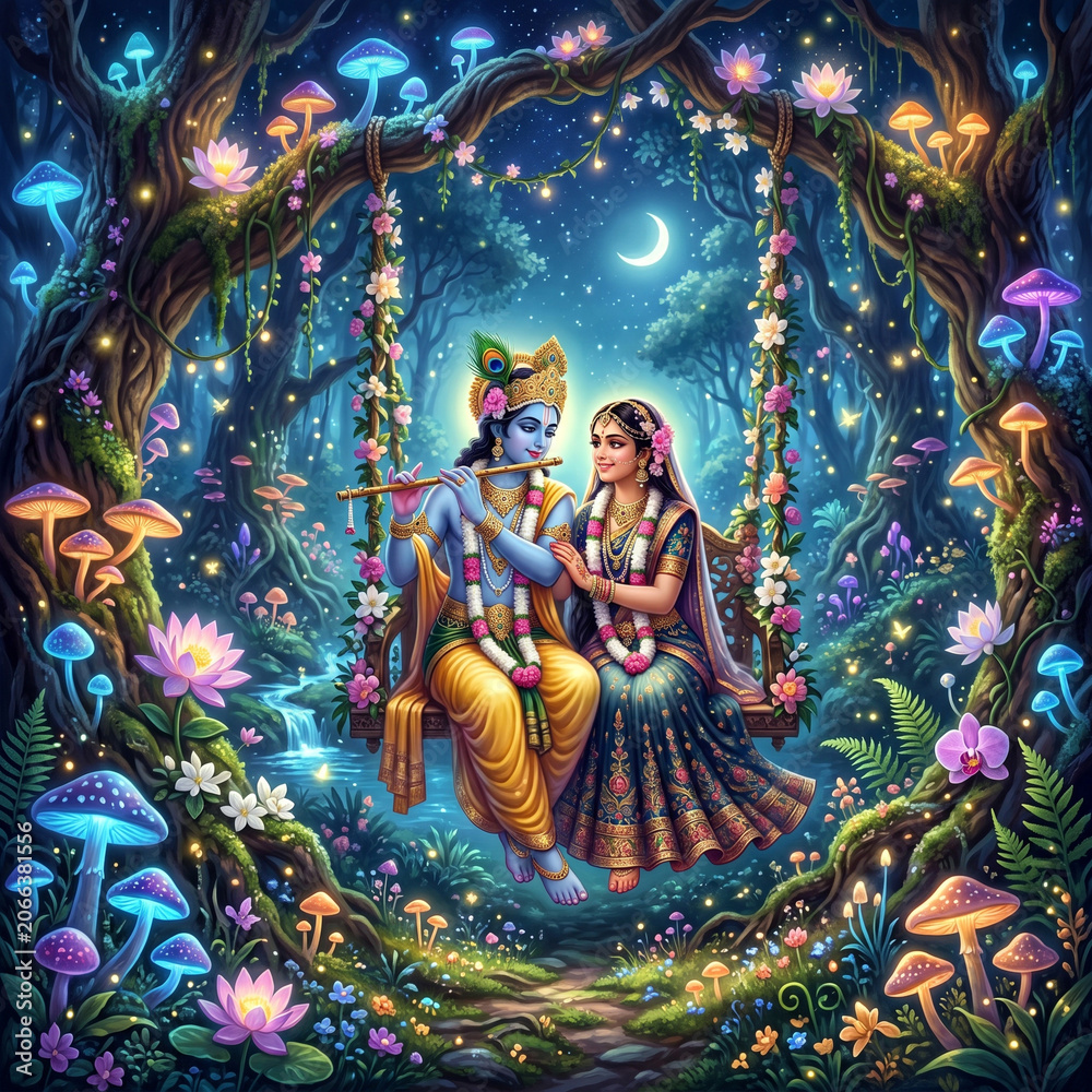 Fototapeta premium Cute Chibi Radha Krishna on Swing in Bioluminescent Night Forest