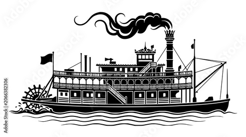 Photography Antique River Steamboat Silhouette with Paddle Wheel and Billowing Smoke Vector