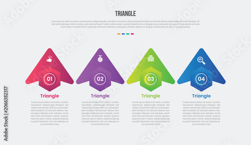 Triangle shape base shape infographics gradient template diagram with arrow top direction with hexagon badge on bottom with horizontal direction with 4 point step creative