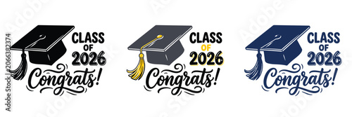 Obraz na płótnie Class of 2026 graduation designs three vector illustrations with caps and congra