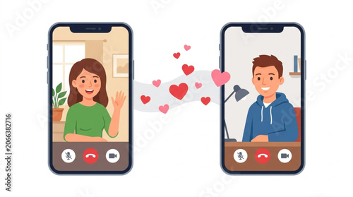 Happy National girlfriend day concept with young couple having video call on smartphones with hearts