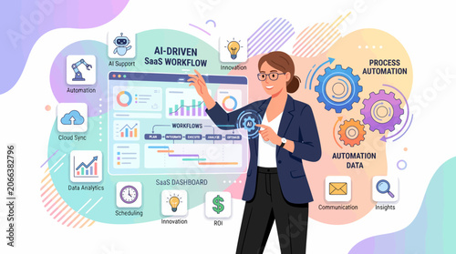 professional woman in a blue blazer and black pants interacts with a futuristic AI-driven SaaS workflow diagram, surrounded by colorful automation and data analysis icons.