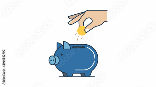 vector illustration depicting a hand dropping a coin into a blue piggy bank, symbolizing saving money. The image features a minimalist style with clean lines and basic shapes.