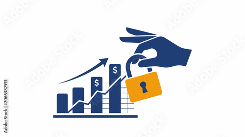 vector illustration depicting a hand unlocking a padlock on a growing financial graph with dollar signs, conveying concepts of financial growth, security, and freedom.