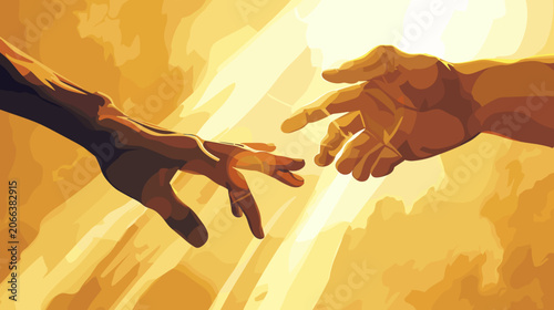 Tableau sur toile Close Up Of Two Pixelated Hands Reaching Towards Each Other With Golden Sunlight
