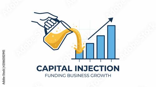 vector illustration depicting a hand pouring a golden liquid into a bar graph, symbolizing capital injection for business growth and financial investment.