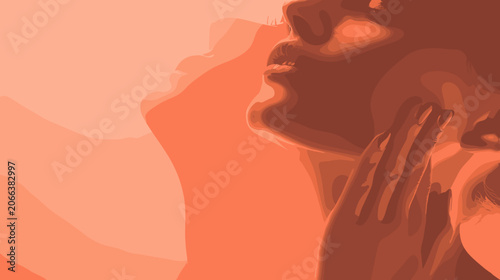 Fotografie Close Up Profile Of Woman With Fingers On Cheek With Warm Toned Color Palette