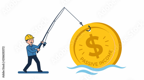 cartoon-style vector illustration depicting a man in a hard hat and blue shirt fishing for a large gold coin labeled 'PASSIVE INCOME' with a dollar sign on it, emerging from water waves.