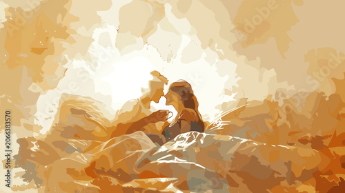 Tableau sur toile Intimate Moment of a Loving Couple Embracing in Bed with Soft Golden Light