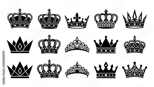 Cuadro en lienzo Crown icons set, black silhouette royal heraldry vector collection