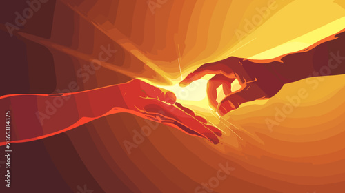 Quadro su tela Pixelated Hands Reaching Towards Bright Golden Sunlight Warmth And Hope Concept