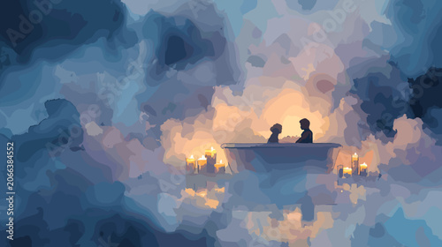 Foto Silhouetted Figures Enjoying A Candlelit Evening Amidst Dreamlike Clouds With Wa