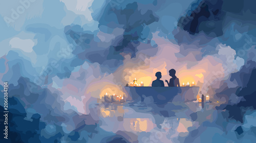 Tableau sur toile Two Silhouettes Share A Candlelit Dinner Over Calm Water With A Dreamy Cloudscap