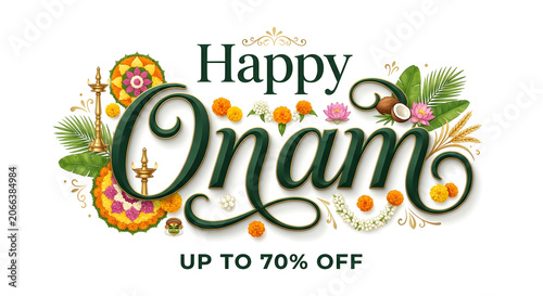 Happy Onam festival and ad sale promo discount concept on background.
