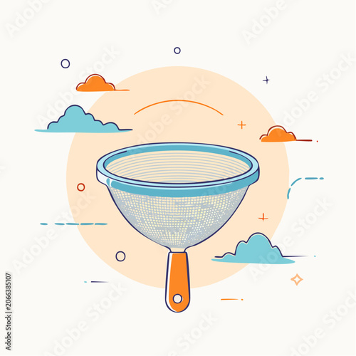 Illustration of a kitchen sieve with clouds and abstract elements