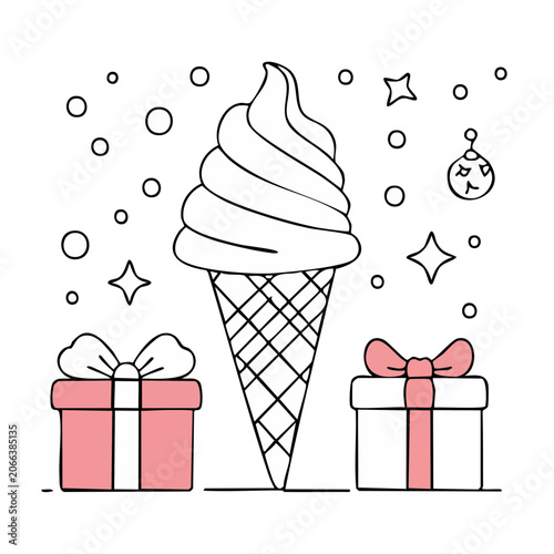 Line art illustration of ice cream cone with gift boxes and