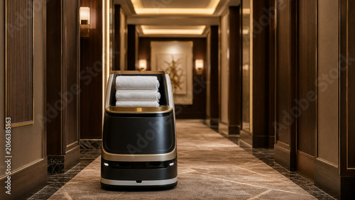 A sleek service robot carrying folded white towels through an elegant luxury hotel hallway with warm lighting and wood paneling.