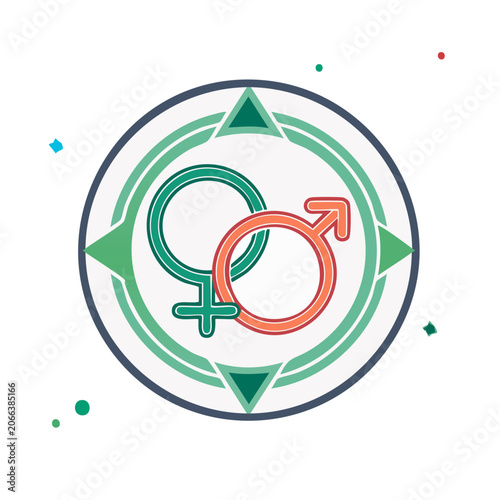 Male and Female Symbols in Circle with Compass Design