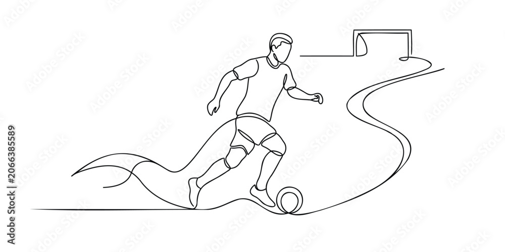 Obraz premium Continuous line drawing of a soccer player kicking a ball with a goal in the background