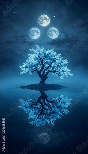Mystical glowing tree under three moons with reflection on a tranquil night lake