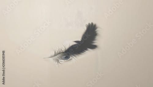 Surreal human eye with flying bird shadow and feather-like eyelashes on a minimalist background