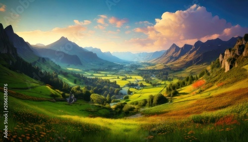Breathtaking Valley Landscape at Sunrise with Majestic Mountains and Lush Green Fields.