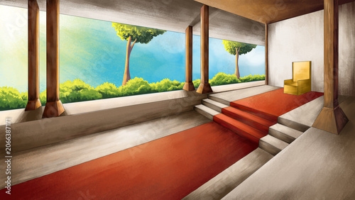 Foto Hand-Drawn Digital Illustration of Majapahit Palace Corridor with Red Carpet, Wo