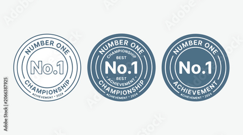 Set of three blue vector badge illustrations featuring number one championship achievement text for branding