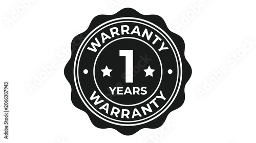 Minimalist black and white vector illustration showing a circular badge for one year warranty service