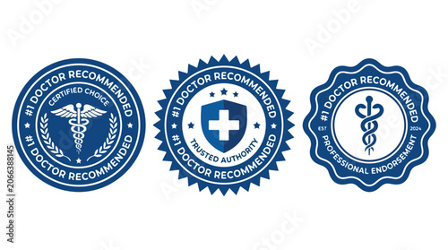 Three blue vector graphic medical badge illustrations featuring caduceus symbols and doctor recommended quality text