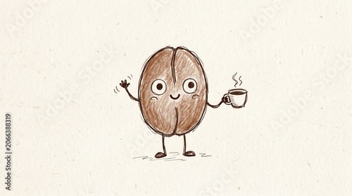 Smiling coffee bean waves, holding a steaming coffee mug