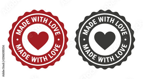 Red and black circular vector graphic badges featuring a heart shape and made with love text