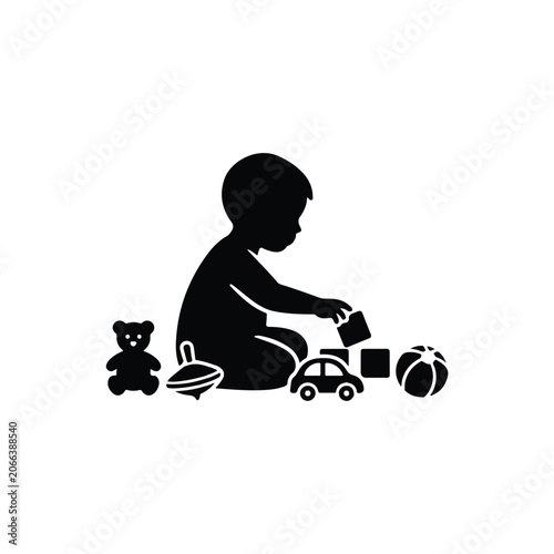 Silhouette of a little child playing with toys on white background