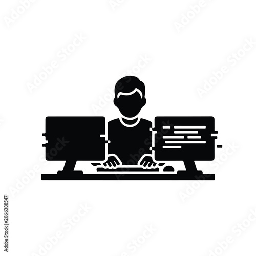 Person working on computer with multiple monitors, technology concept