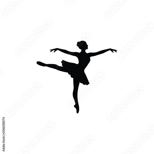 Black Silhouette of a Graceful Ballerina Performing a Classical Ballet Dance Pose on White Background