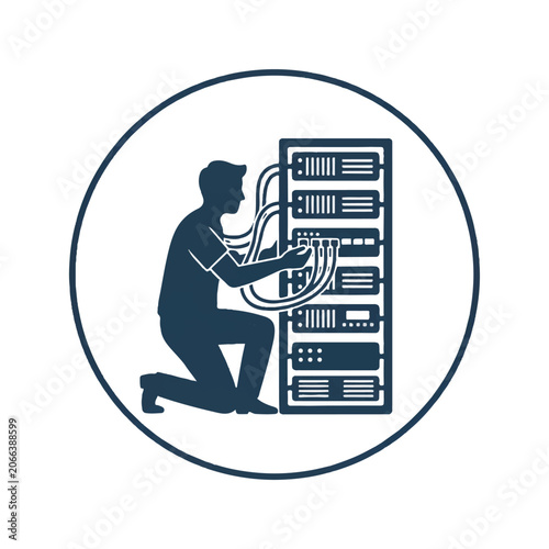 Network Engineer Connecting Cables to Server Rack Icon