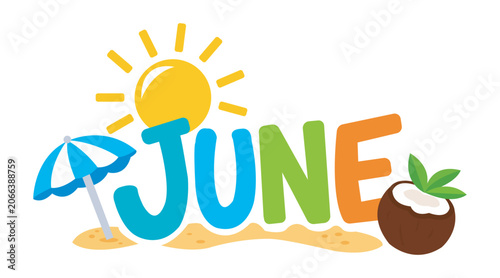 JUNE Summer Beach Logo  Colorful Hand Drawn Tropical Sun Coconut Umbrella Brand Design