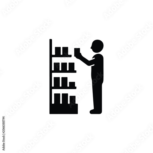 Shopping customer selecting a product from a retail store shelf icon