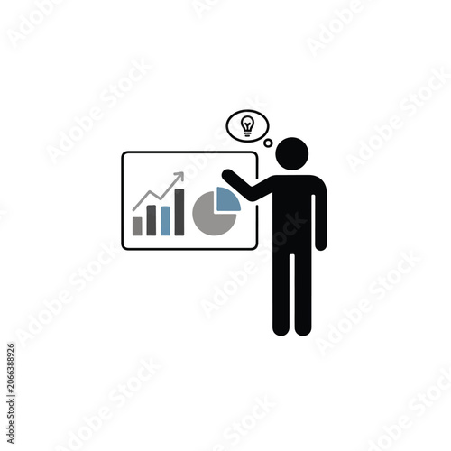 Stick figure presenter pointing to data charts with a creative idea lightbulb icon